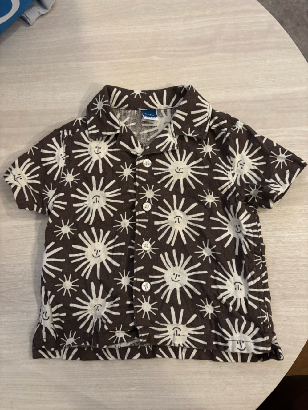 Old Navy Kids Brown and White Sun Pattern Linen Rayon Camp Shirt size 12-18 m